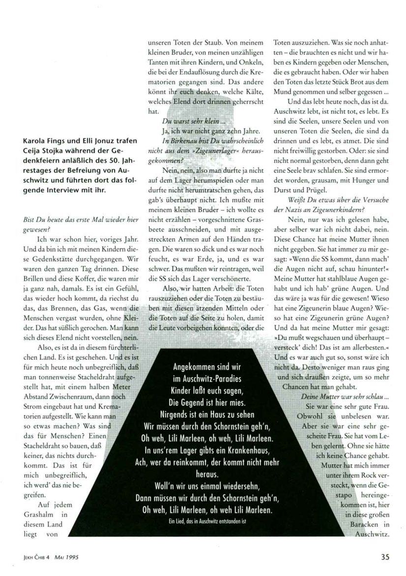 Gestaltung der Zeitung Jekh Chip - Interview mit Ceija Stojka über Erfahrungen in Ausschwitz