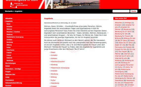 Screenshot der Webseite Wohnungslos in Köln