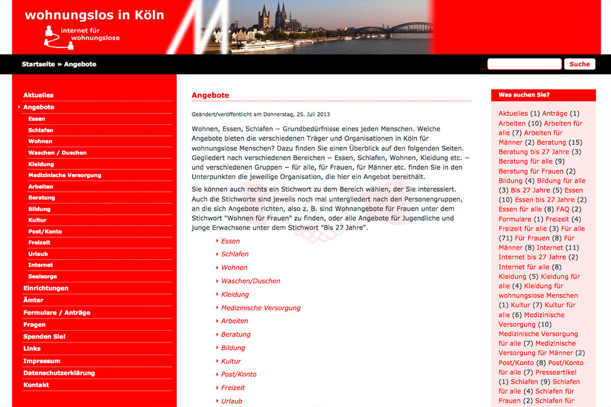 Screenshot der Webseite Wohnungslos in Köln